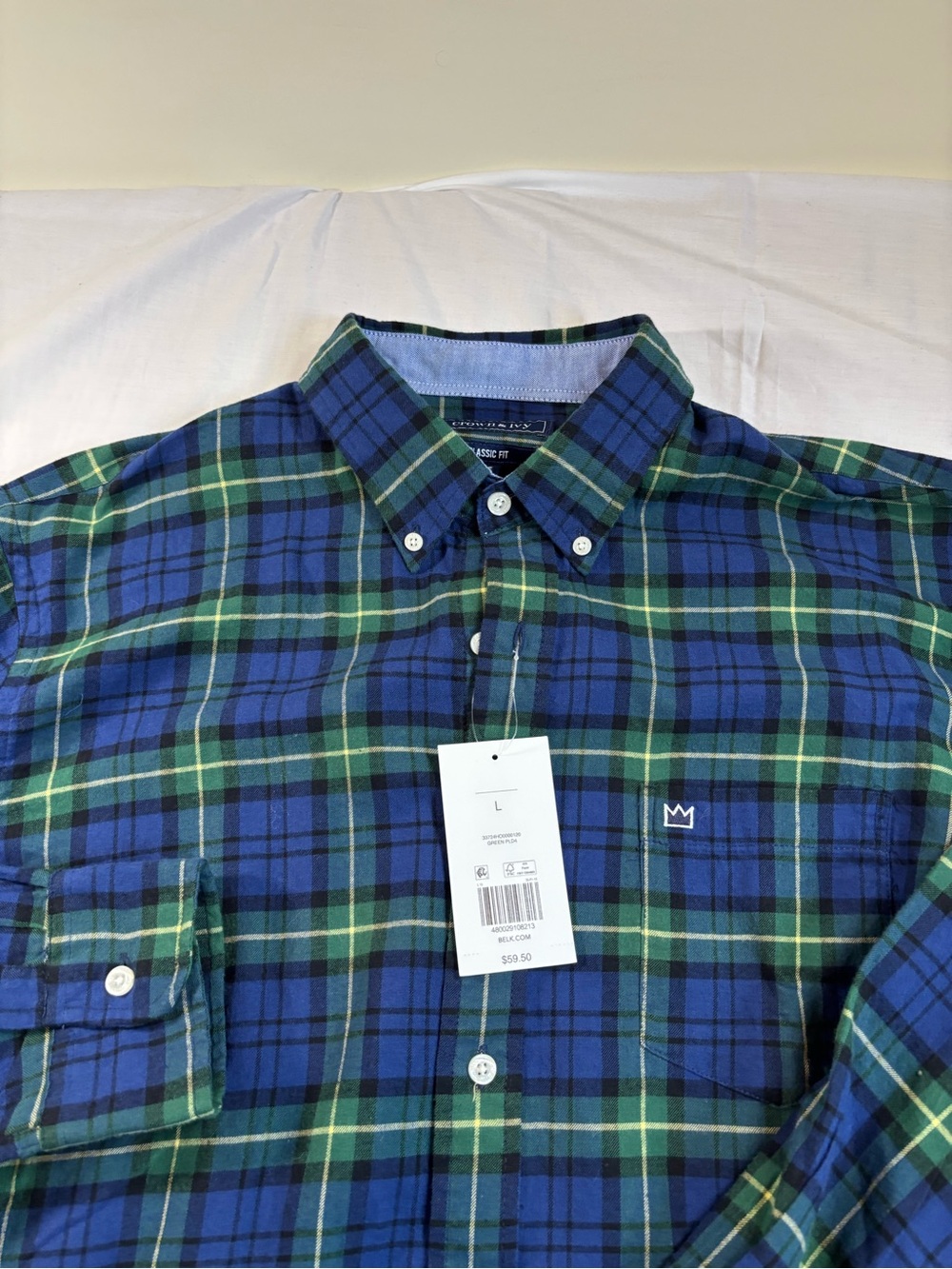 Men's Blue & Green Plaid Button-Down Shirt with Crown Logo